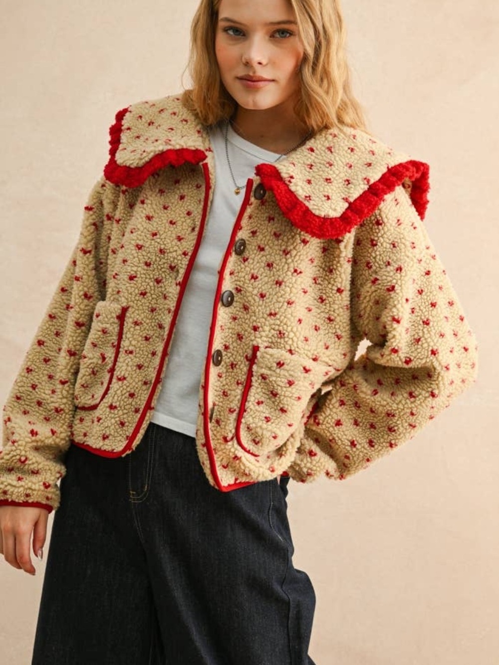 MIOU MUSE BUTTON FRONT SHERPA COLLAR JKT